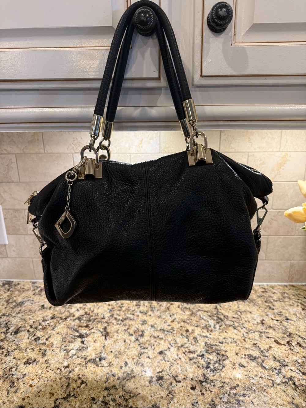 DKNY Black pebbled Leather shoulder Tote Handbag with Gold Hardware
